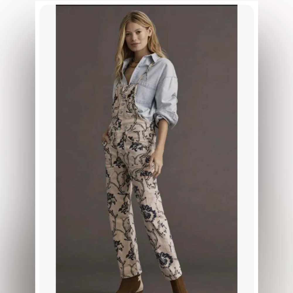 Pilcro and the Letterpress Floral Overalls - Cream and Blue